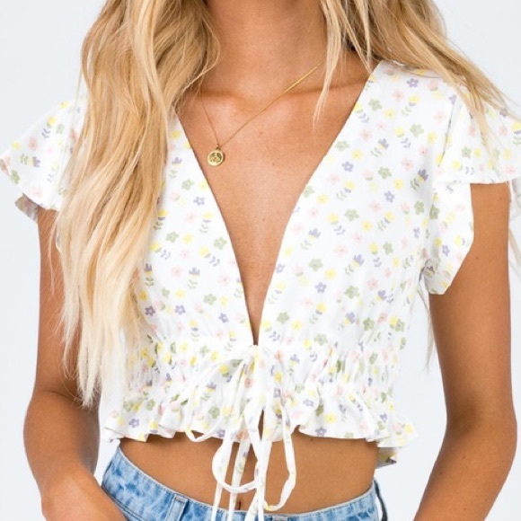 Princess Polly Tops - Princess Polly white floral olly tie top